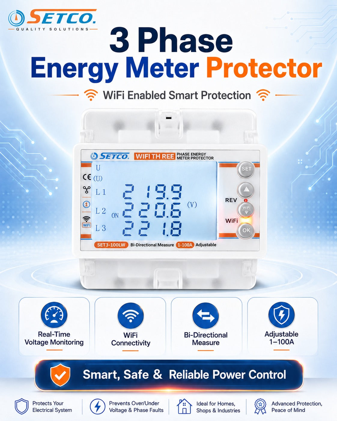 SETCO SET3-100LW Wifi Three Phase Energy Meter Protaction in Pakistan