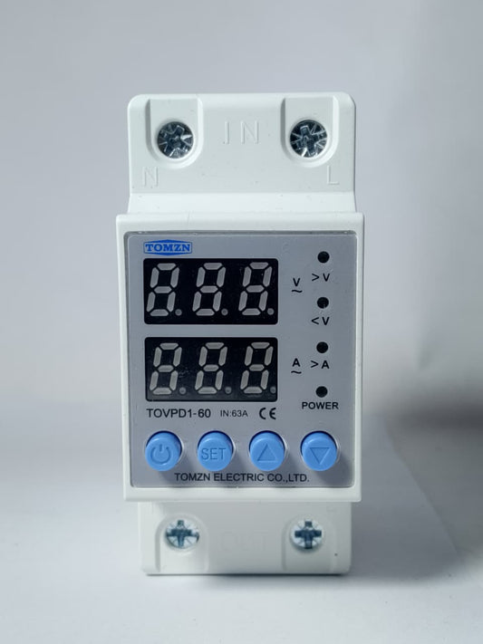 TOMZN TOVPD1-60-EC Adjustable Over & Under Voltage Protector Relay with Over Current Protection (63A, DIN Rail)