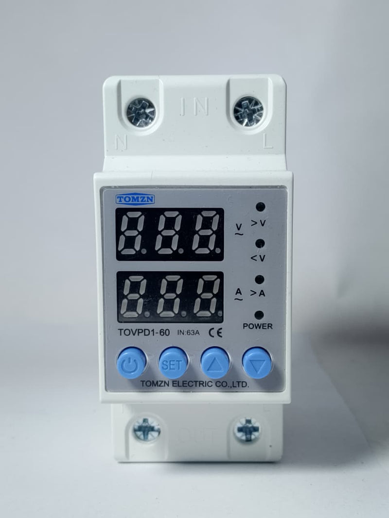 TOMZN TOVPD1-60-EC Adjustable Over & Under Voltage Protector Relay with Over Current Protection (63A, DIN Rail)