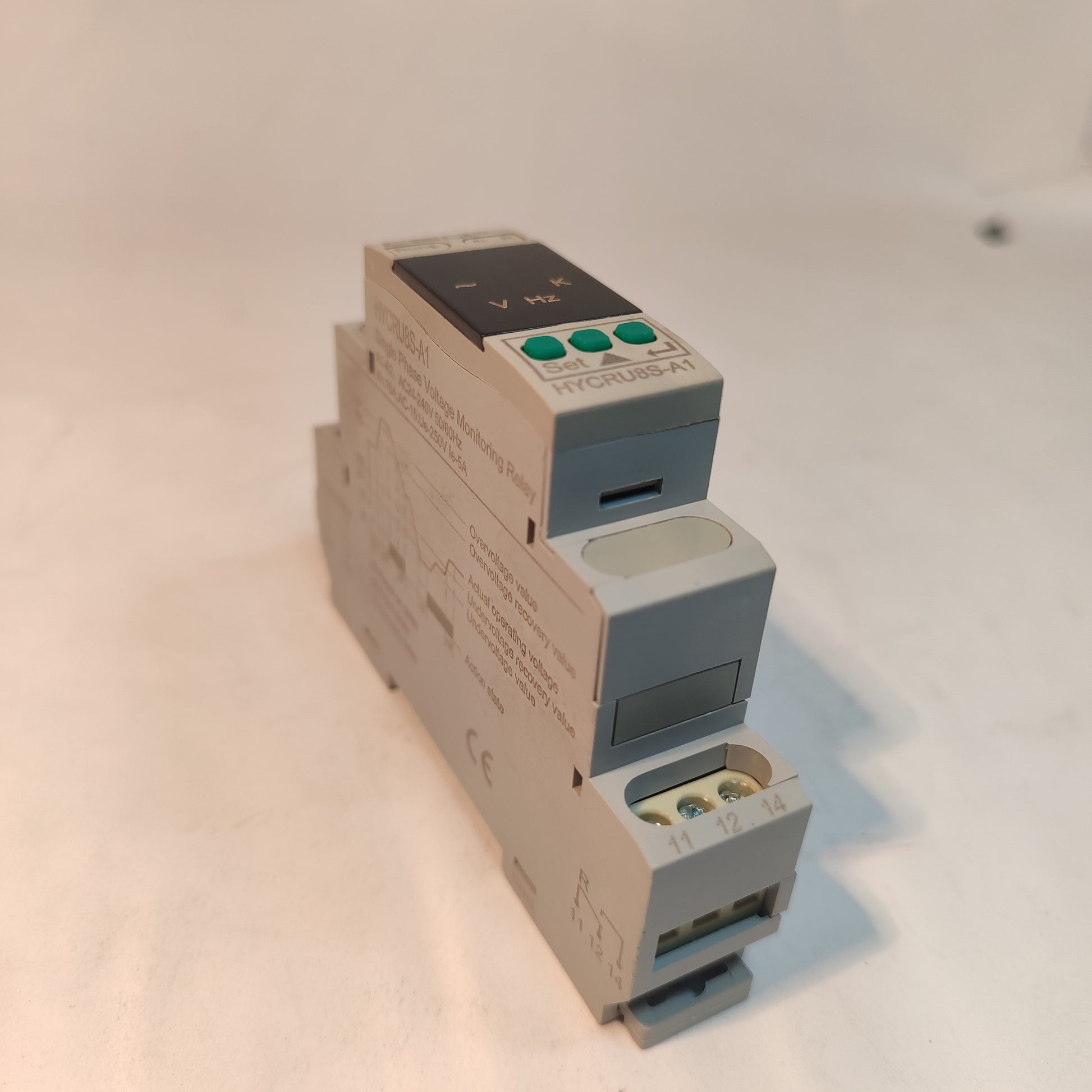 HYCRU8S‑A1 relay front view with set keys and LEDs