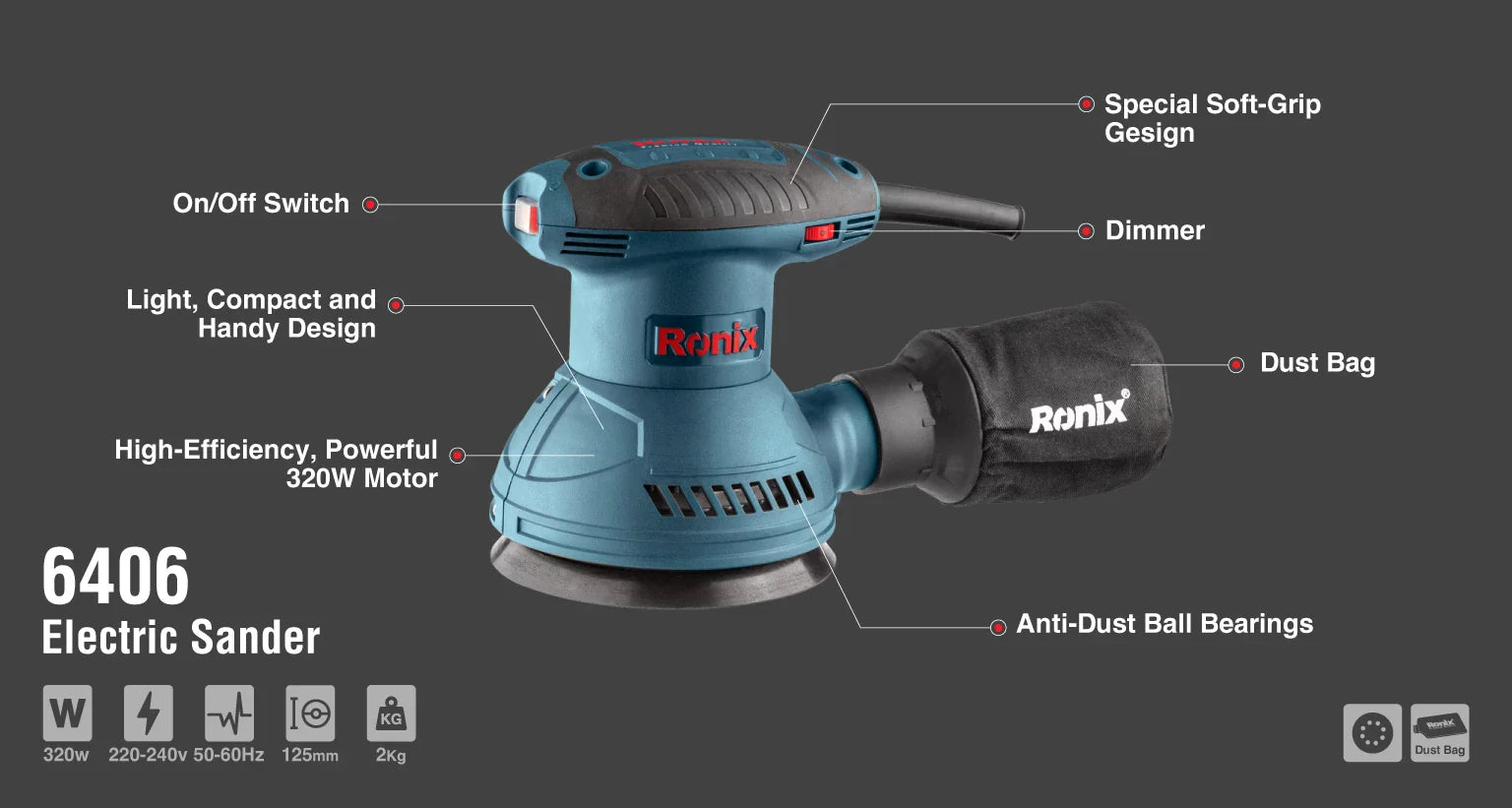 RONIX Electric Orbital Sander 125mm 6406 in Pakistan