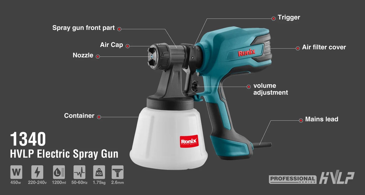 RONIX HVLP Electric Spray Gun 1200ml 1340 in Pakistan