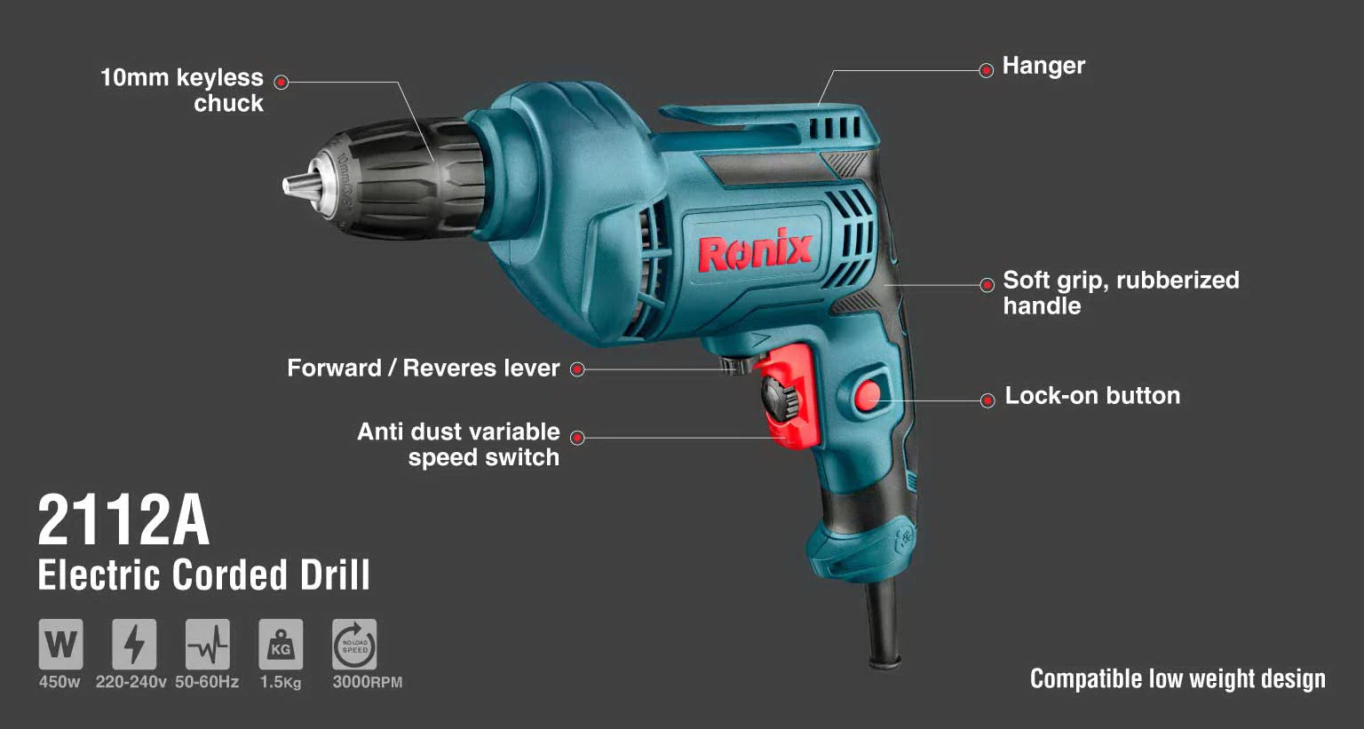 RONIX Electric Drill 10mm Keyless 2112A in Pakistan