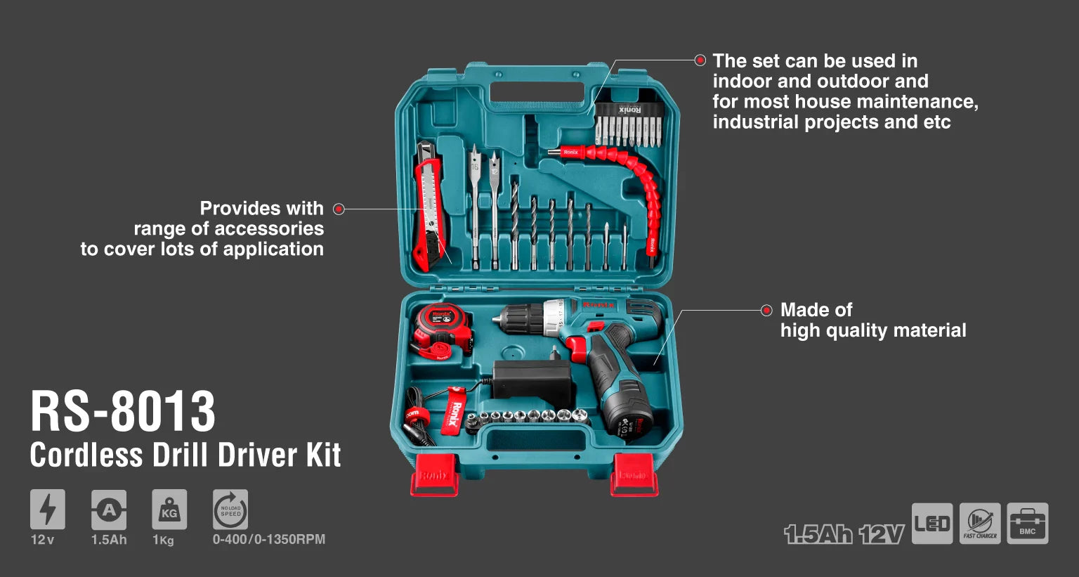 RONIX Cordless Drill Set 12V 36pcs RS-8013 in Pakistan