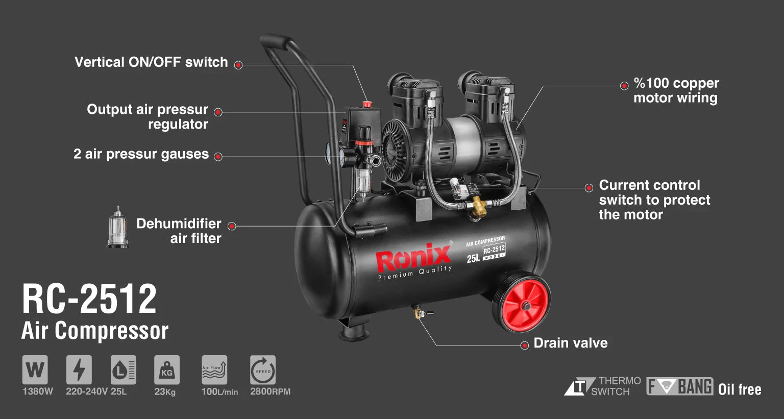 RONIX Silent Air Compressor 25L RC-2512 in Pakistan