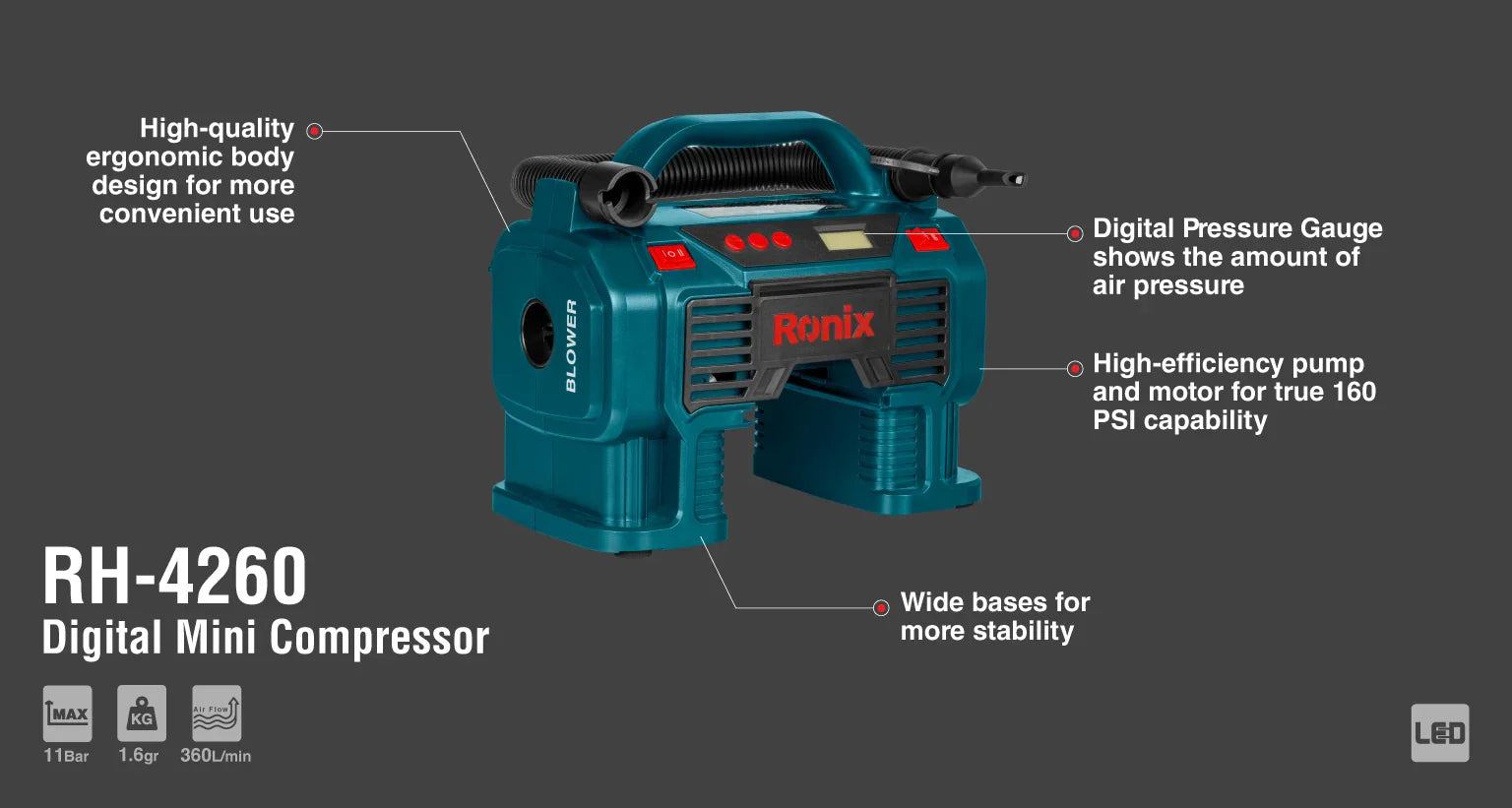 RONIX Mini Digital Air Compressor DC RH-4260 in Pakistan