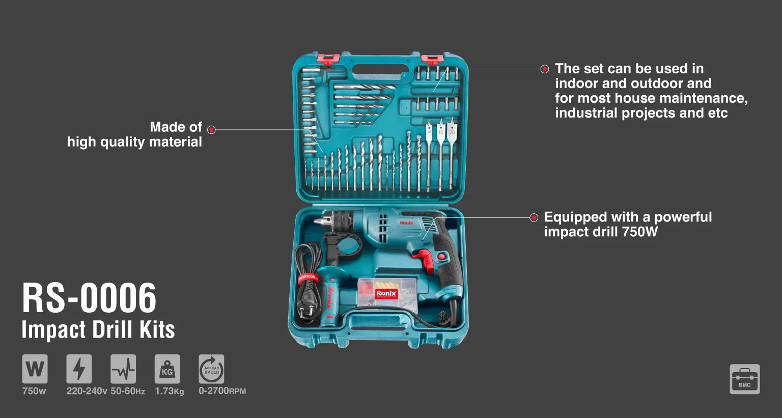 RONIX Impact Drill Kit 52pcs RS-0006 in Pakistan