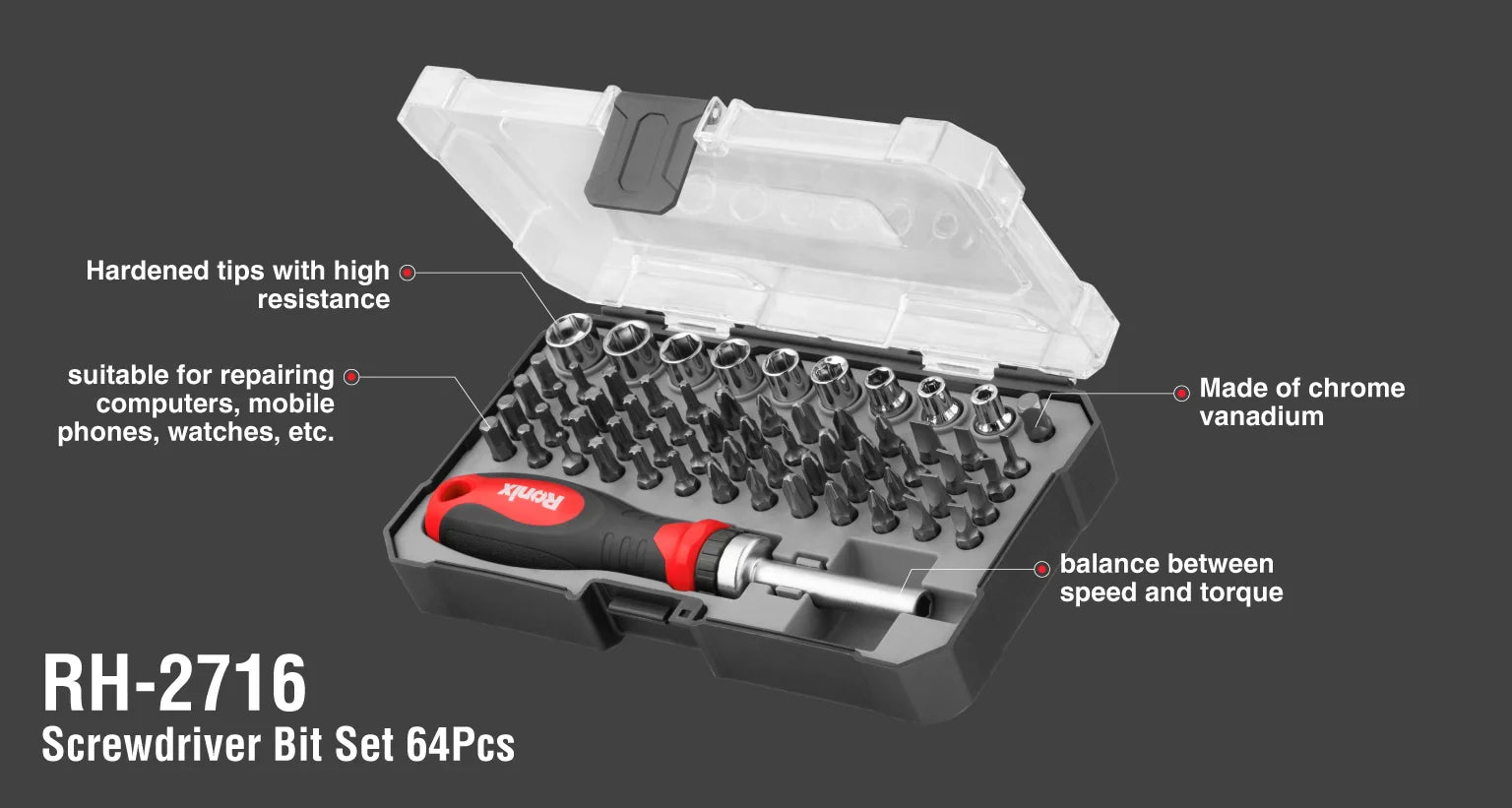 RONIX Screwdriver Set 64pcs Cr-V RH-2716 in Pakistan