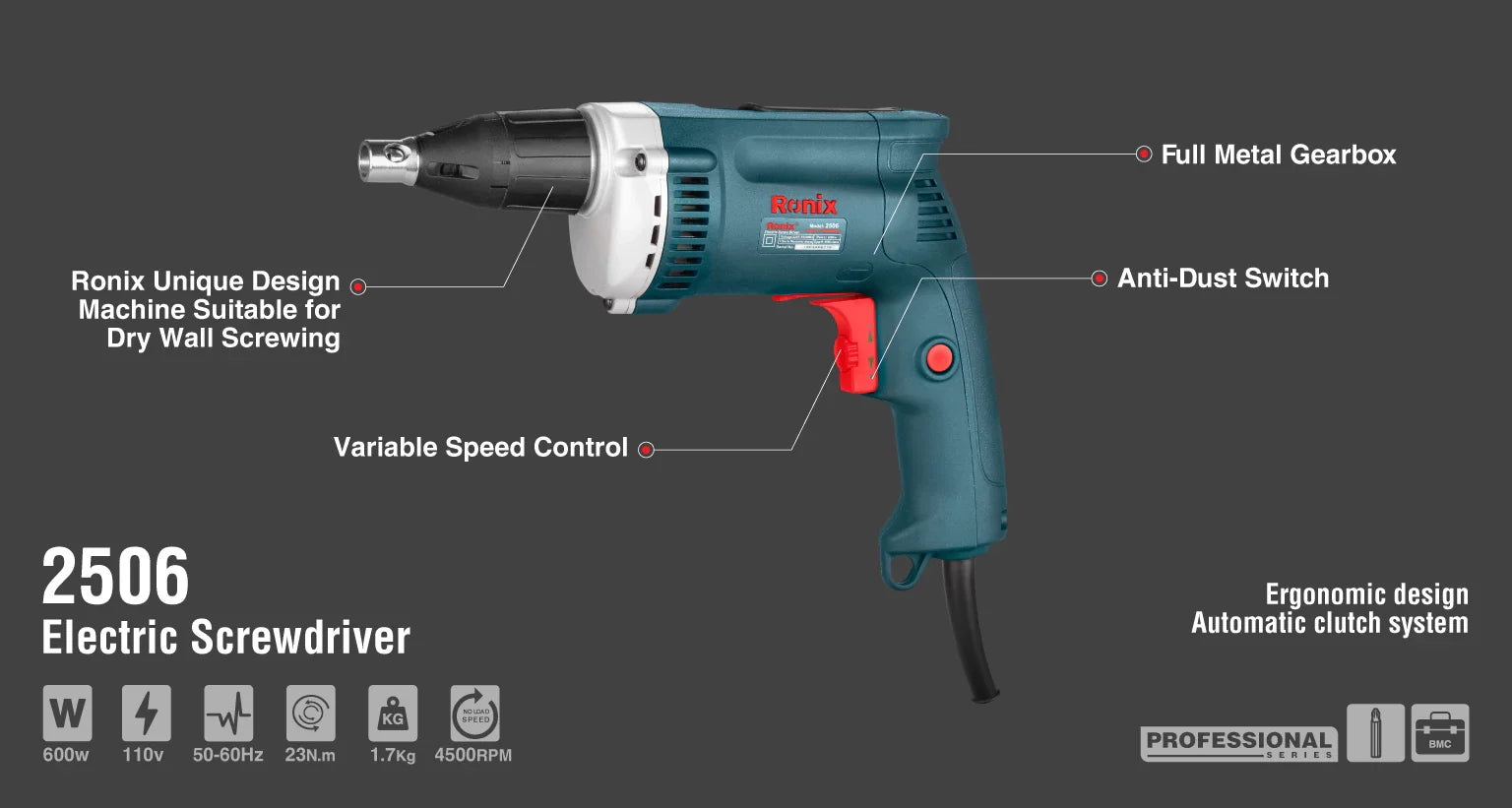 RONIX Electric Drywall Screwdriver 2506 in Pakistan