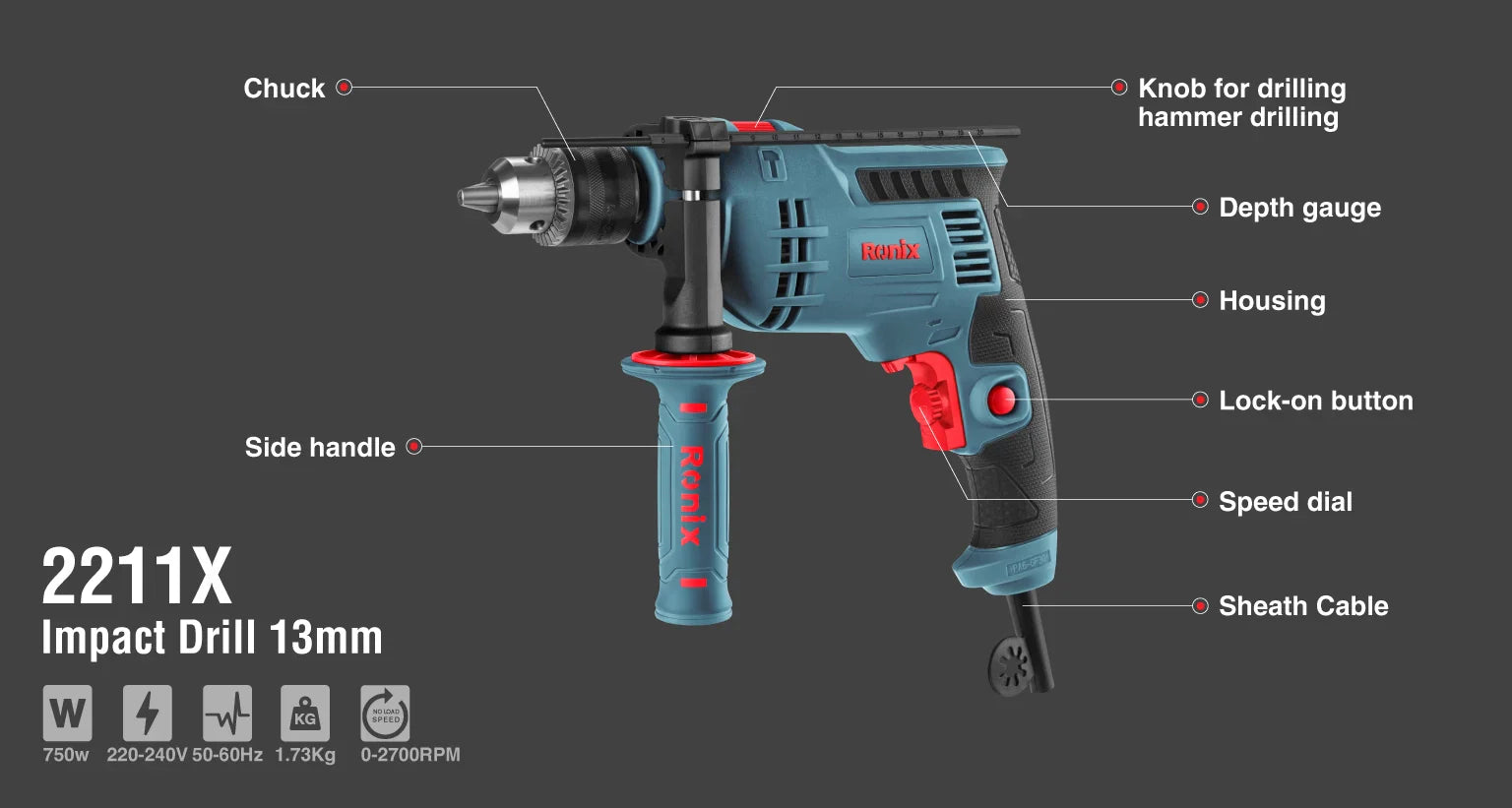 RONIX Electric Impact Drill 13mm Keyed 2211X in Pakistan