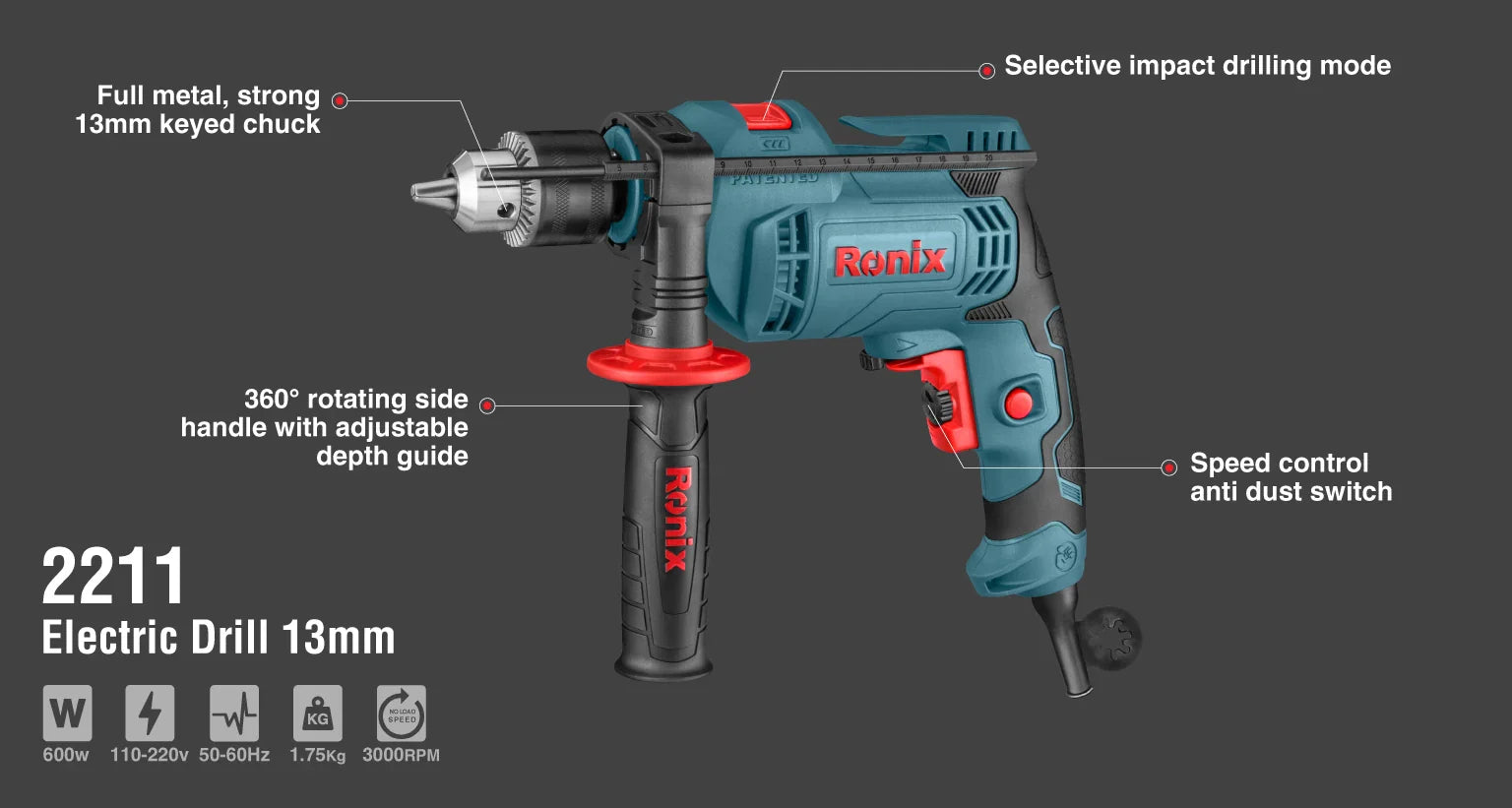 RONIX Electric Impact Drill 13mm Keyed 2211 in Pakistan