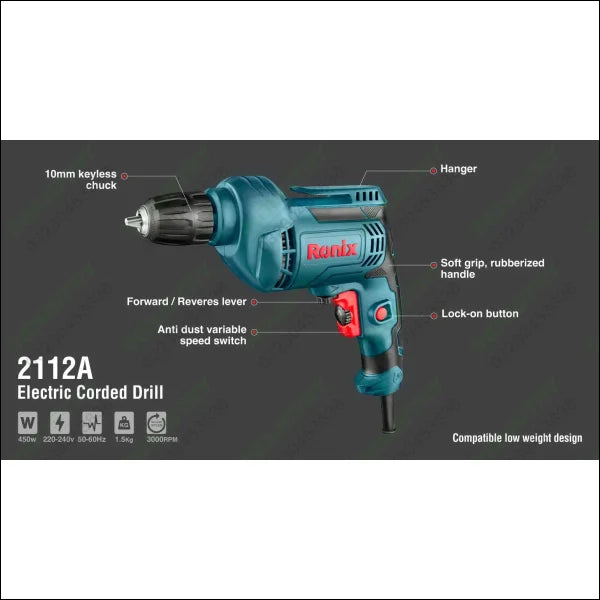 RONIX Electric Drill 10mm Keyless 2112A in Pakistan